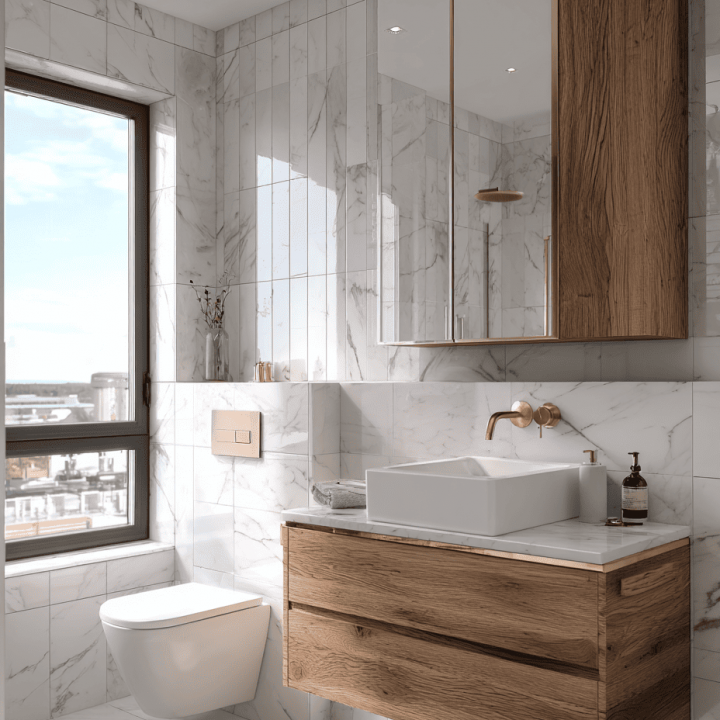 rado1998_a_modern_bathroom_with_white_marble_tiles_wood_accents_e94d8636-2f00-48f2-b5f7-dff8de971c7c
